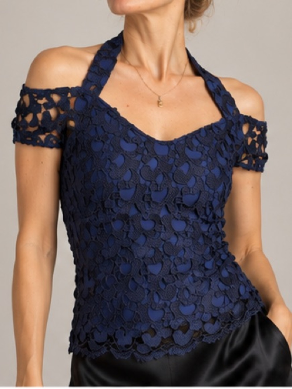 Navy Lace Cold-Shoulder Top from Anne Fontaine